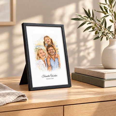 Familienfoto als Aquarell-Poster im schwarzen Rahmen