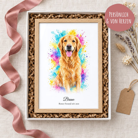 Hundeportrait im Stil Farbenfroh als Geschenk im Holzrahmen