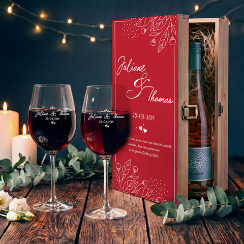Stölzle Lausitz Weingläser mit Gravur "Red Flowers" Design als Set inkl. bedruckter Holzkiste