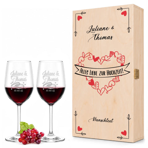 Stölzle Lausitz Weingläser mit Gravur "Heart Collection" Design als Set inkl. bedruckter Holzkiste