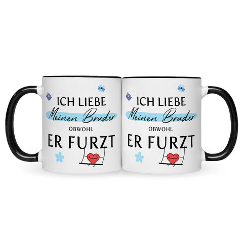 Bedruckte Tasse mit Spruch Ich liebe meinen Bruder obwohl er furzt