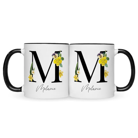 Bedruckte Tasse mit Personalisierung von Namen & Anfangsbuchstaben im Floral Design