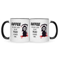 Bedruckte Tasse mit Spruch Kaffee, weil nicht jeder Tag mit Mord beginnen kann