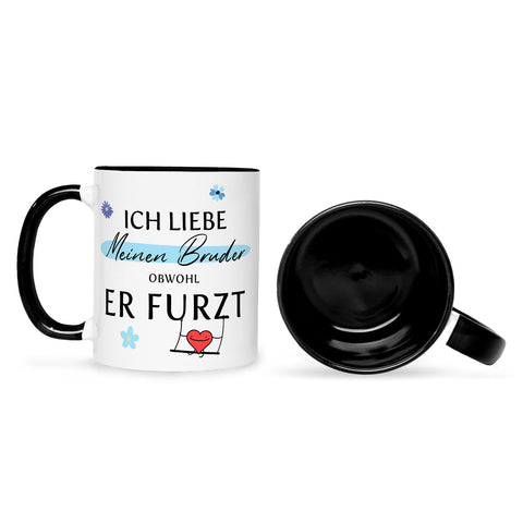 Bedruckte Tasse mit Spruch Ich liebe meinen Bruder obwohl er furzt
