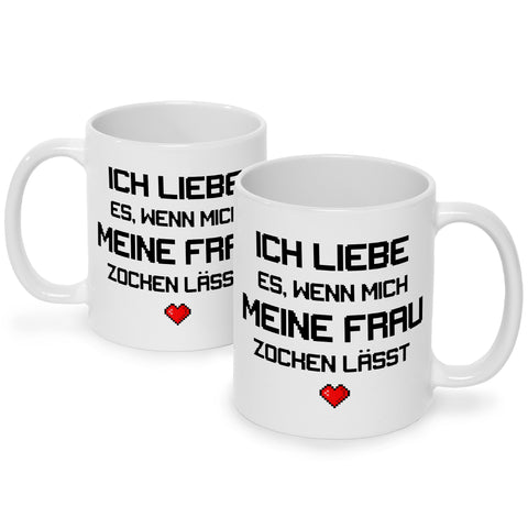 Bedruckte Tasse mit Spruch Ich liebe es wenn mich meine Frau zocken lässt