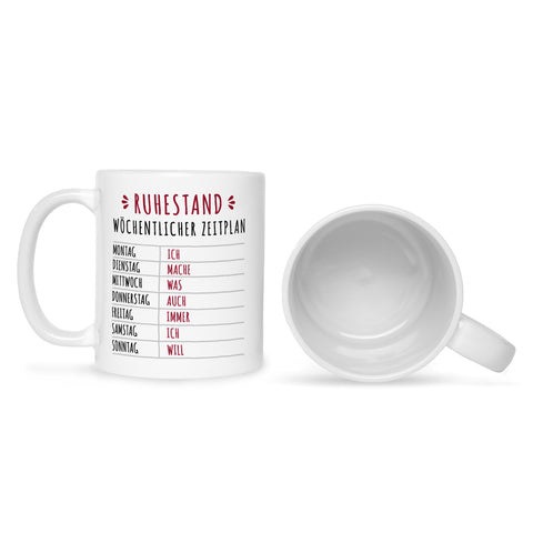 Bedruckte Tasse mit Spruch Ruhestand Plan