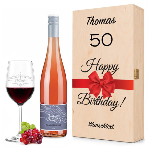 Stölzle Lausitz Weinglas "Happy Birthday 50 Jahre" + Holzkiste & Riesling Tandem