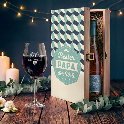 Stölzle Lausitz Weinglas Bester Papa der Welt inkl. bedruckter Holzkiste Retro Design + Riesling Tandem