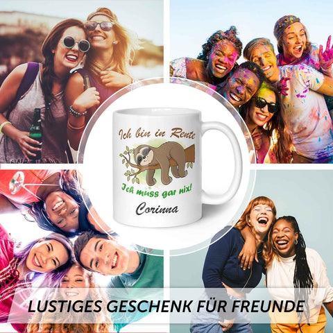 Bedruckte Tasse Faultier in Rente - Personalisiert mit Name