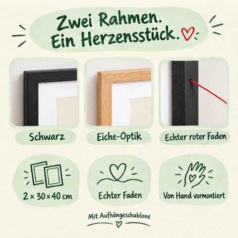Zwei Rahmen 30 × 40 cm in Schwarz oder Eiche-Optik mit echtem Faden, von Hand vormontiert