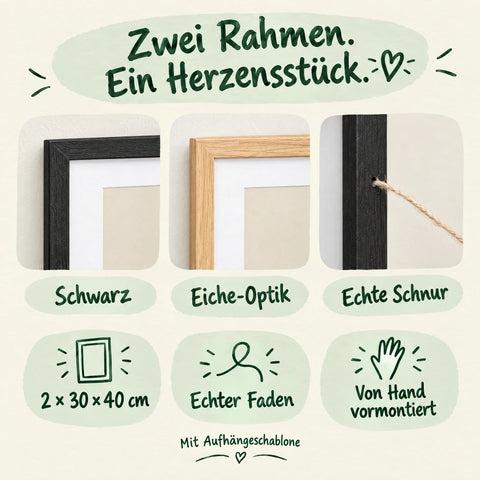 Zwei Rahmen 30 × 40 cm in Schwarz oder Eiche-Optik mit echtem Faden, von Hand vormontiert