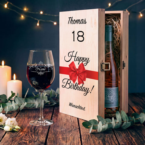 Stölzle Lausitz Weinglas "Happy Birthday 18 Jahre" + Holzkiste & Riesling Tandem
