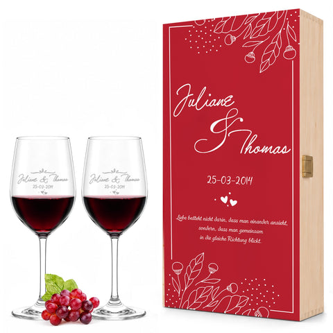 Stölzle Lausitz Weingläser mit Gravur "Red Flowers" Design als Set inkl. bedruckter Holzkiste
