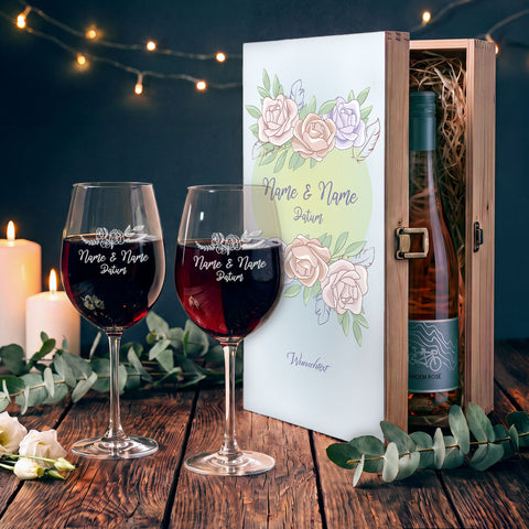 Stölzle Lausitz Weingläser mit Gravur "Pastel Blue Roses" Design als Set inkl. bedruckter Holzkiste