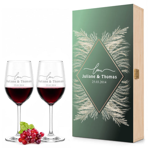 Stölzle Lausitz Weingläser mit Gravur "Pampasgras Green Love" als Set inkl. bedruckter Holzkiste