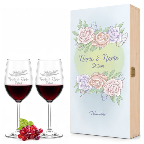 Stölzle Lausitz Weingläser mit Gravur "Pastel Blue Roses" Design als Set inkl. bedruckter Holzkiste