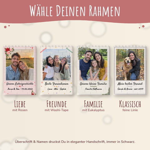 Vier Rahmen zur Wahl: Liebe mit Rosen, Freunde mit Washi-Tape, Familie mit Eukalyptus und Klassisch mit feiner Linie