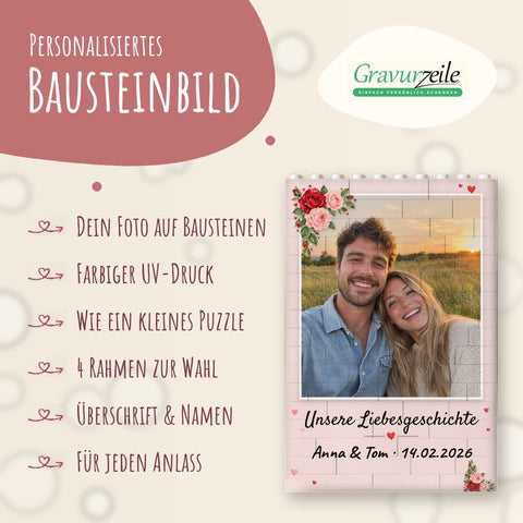Personalisiertes Bausteinbild von GRAVURZEILE: Foto auf Bausteinen, farbiger UV-Druck, wie ein kleines Puzzle, vier Rahmen