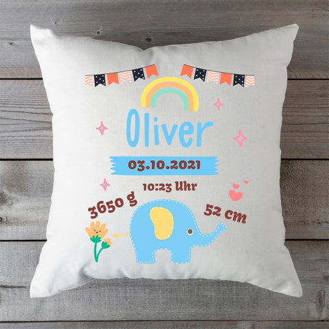 Bedrucktes Kissen mit Babydaten und Elefant