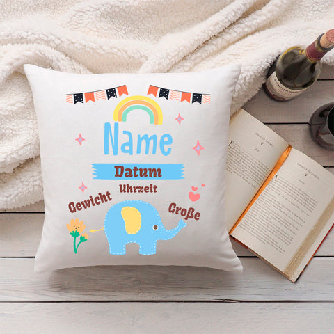 Bedrucktes Kissen mit Babydaten und Elefant