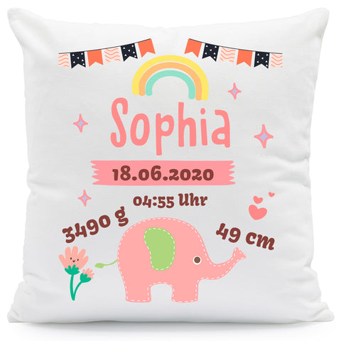 Bedrucktes Kissen mit Babydaten und Elefant