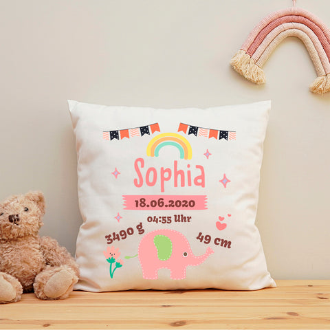 Bedrucktes Kissen mit Babydaten und Elefant