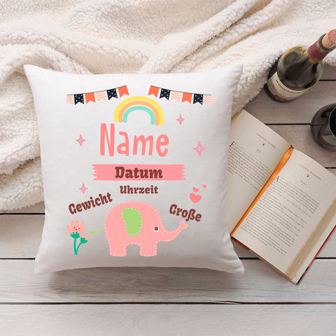 Bedrucktes Kissen mit Babydaten und Elefant