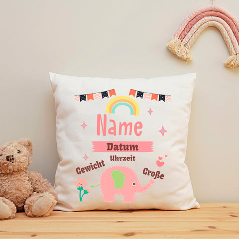 Bedrucktes Kissen mit Babydaten und Elefant