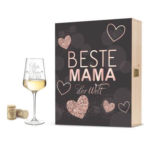 Leonardo Puccini Weißweinglas Beste Mama der Welt inkl. bedruckter Holzkiste + Riesling Tandem