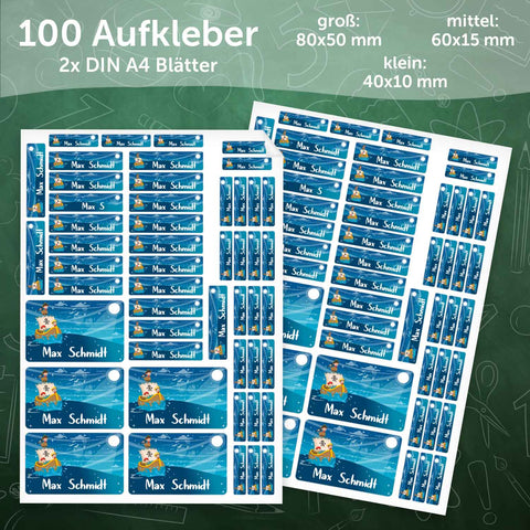 Schuletiketten mit Namen - Piraten Design - 100 Aufkleber in verschiedenen Größen
