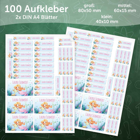 Schuletiketten mit Namen - Meerjungfrau V2 Design - 100 Aufkleber in verschiedenen Größen