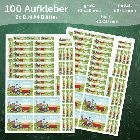 Schuletiketten mit Namen - Traktor Design - 100 Aufkleber in verschiedenen Größen