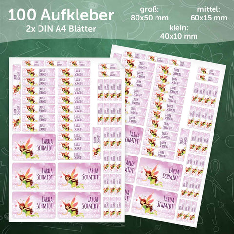 Schuletiketten mit Namen - Fee Design - 100 Aufkleber in verschiedenen Größen