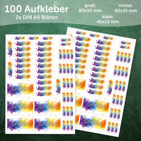 Schuletiketten mit Namen - Color Splash Design - 100 Aufkleber in verschiedenen Größen