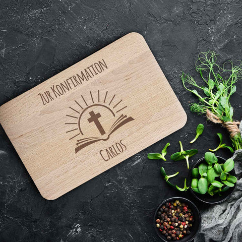 Frühstücksbrettchen mit Gravur "Konfirmation / Kommunion Bibel" mit Name