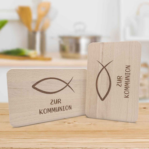 Frühstücksbrettchen mit Gravur "Kommunion Fisch"
