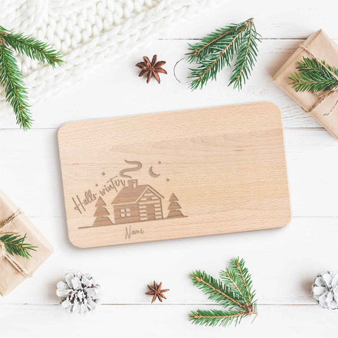 Frühstücksbrettchen aus Holz mit Gravur - Hello Winter - Personalisiert mit Name - Weihnachtsdeko