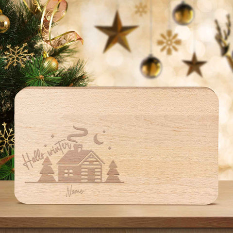 Frühstücksbrettchen aus Holz mit Gravur - Hello Winter - Personalisiert mit Name - Weihnachtsdeko