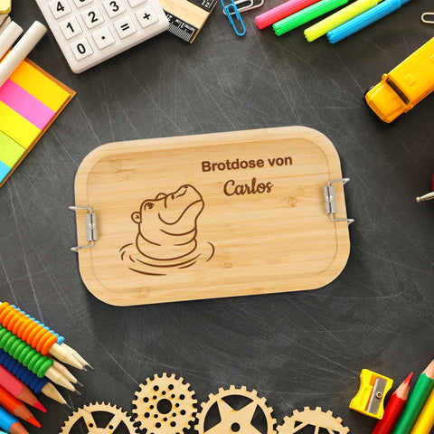 Brotdose mit graviertem Deckel für Kinder im "Nilpferd" Design