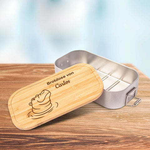 Brotdose mit graviertem Deckel für Kinder im "Nilpferd" Design