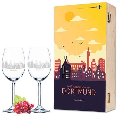 Leonardo Weingläser mit Skyline Dortmund Gravur als Set inkl. bedruckter Holzkiste