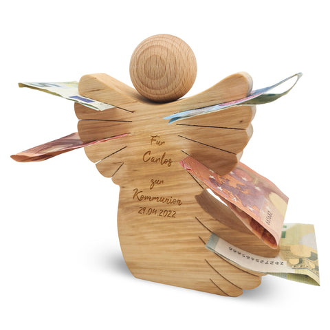 Tischdekoration aus Holz - gravierter Engel - Personalisiert mit Namen & Datum