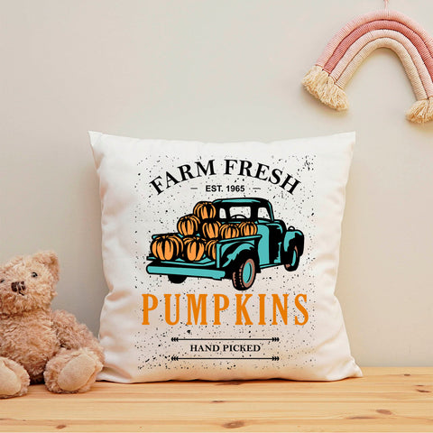 Bedrucktes Kissen mit Spruch Farm fresh pumpkins