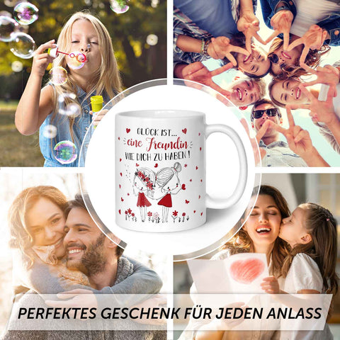Bedruckte Tasse mit Spruch Glück ist eine Freundin