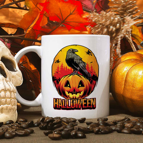 Bedruckte Tasse mit Motiv im Halloween Raben Design