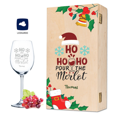 Leonardo Weinglas mit Gravur im "Pour the Merlot" Design inkl. Holzkiste