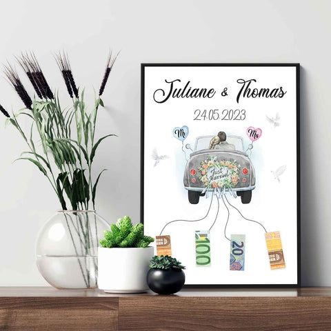Hochzeitsgeschenk für das Brautpaar - Kunstdruck auf Holz - Personalisiert mit Namen & Datum