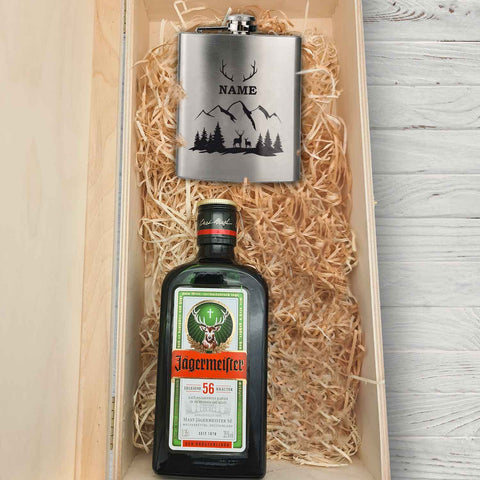 Flachmann aus Edelstahl Geschenkset - personalisiert mit Jägermeister im Set