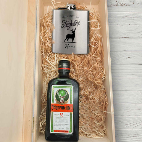Flachmann aus Edelstahl Geschenkset - personalisiert mit Jägermeister im Set