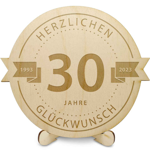Gravierte Jubiläumsscheibe aus Holz